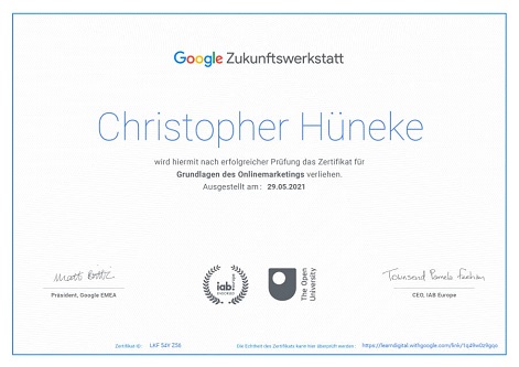 Google Zukunftswerkstatt: Grundlagen des Onlinemarketings Zertifizierung (Christopher Hüneke)